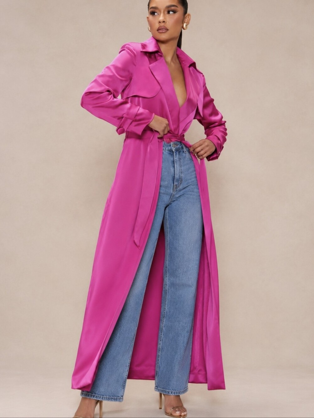 Fashion Nova Fuchsia Satin Trench Coat w/Satin Pants- 2 Piece Set-Self-Tie Belt